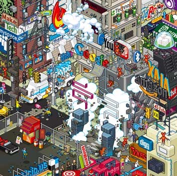 Illustration représentant une ville "du futur" sur laquelle règne Google